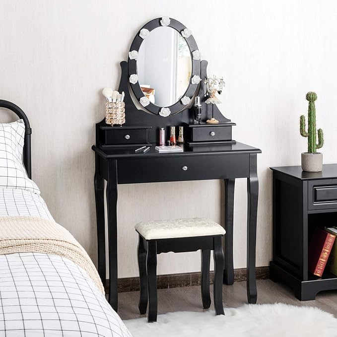 Giantex Vanity Set with Lighted Mirror, Makeup Table with 10 Rose Light, Modern Dressing Desk with Cushioned Stool, 3 Drawers and 360° Rotating Mirror for Bedroom, Vanity Table with Stool (Black)
