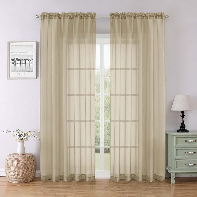 Taupe Sheer Curtains for Bedroom Decor 84 Inches Long 2 Pcs, Modern Farmhouse by Lecloud
