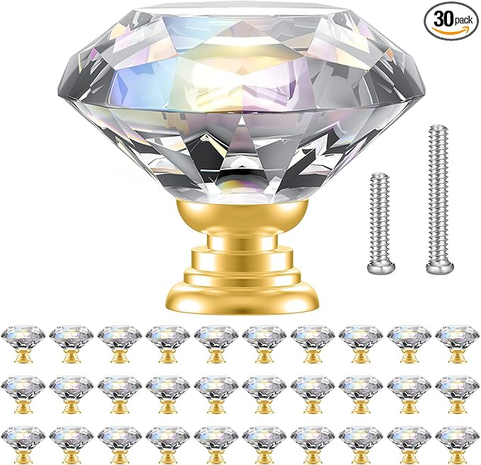 POZEAN Crystal Drawer Knobs 30 Pack, 1.18 inch Knobs for Cabinet, Dresser with Two Different Sizes Screws, Diamond Glass Pulls Handles (30mm, 30Pack, Clear-Gold)