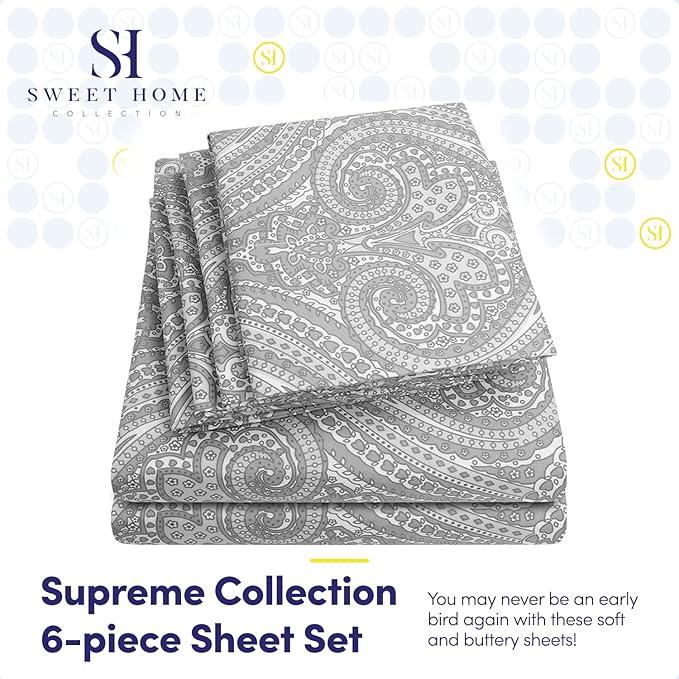 Queen Sheets Paisley Grey - 6 Piece 1500 Supreme Collection Fine Brushed Microfiber Deep Pocket Queen Sheet Set Bedding - 2 Extra Pillow Cases, Great Value, Queen, Paisley Gray