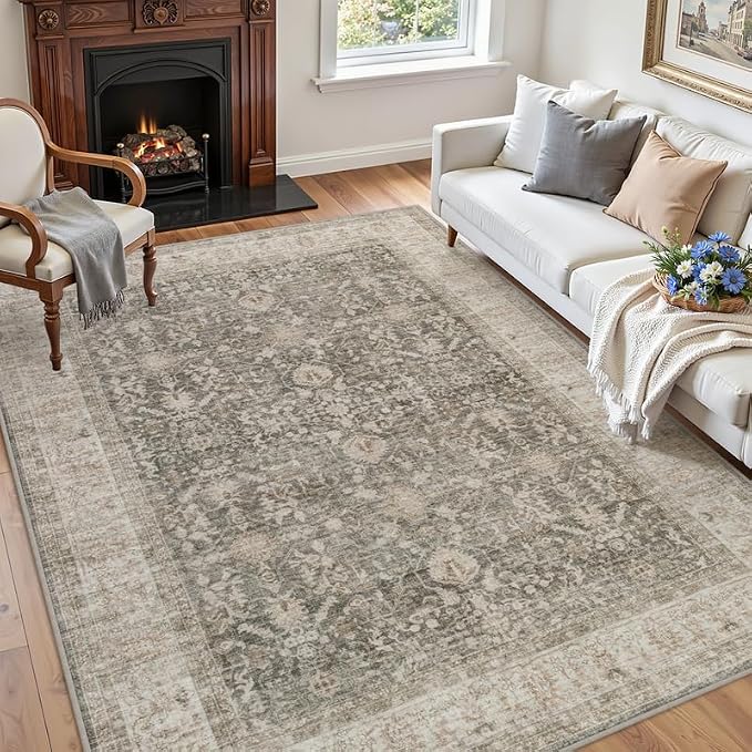 6x9 Area Rugs Living Room: Bedroom Washable Carpet Warm Taupe | Large Vintage - Image 3