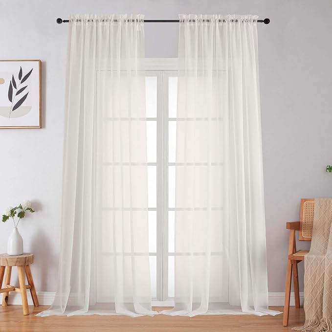 Ivory Sheer Curtains for Bedroom Living Room 96 Inches Long 2 Panels, Modern by WelvetBLK