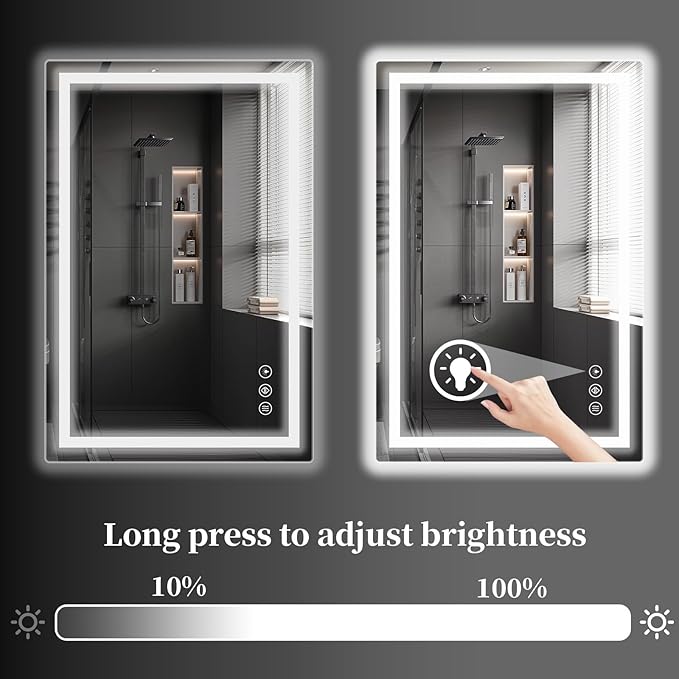 Koonmi 32x40 LED Bathroom Mirror, Backlit + Front Lit, LED Bathroom Mirror with Lights for Wall, 3 Colors, Anti-Fog, Dimmable Brightness, Memory Function, Tempered Glass