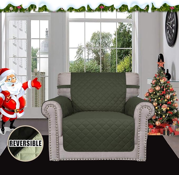 Easy-Going Reversible Couch Cover, Small Chair, Army Green/Beige | Machine - Image 2