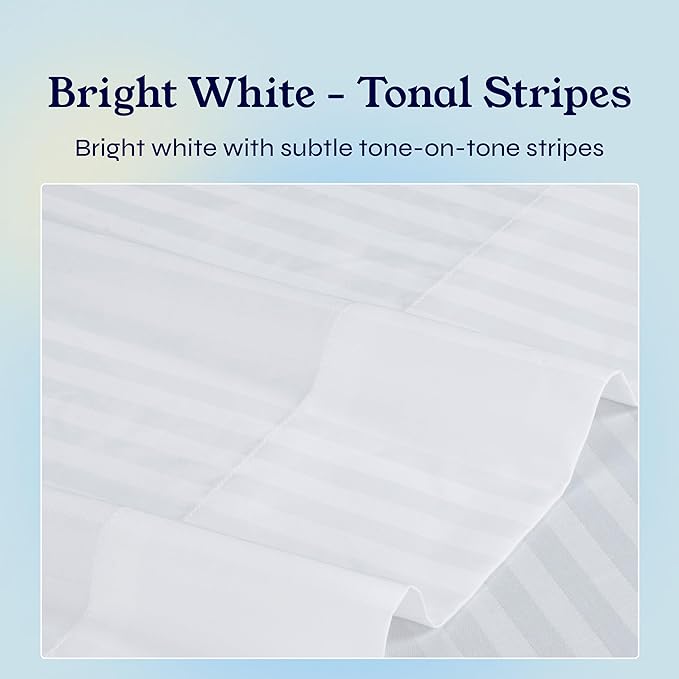 California Design Den Striped Queen Sheet Set - Soft 400 Thread Count Sateen, Natural 100% Cotton Sheets with Deep Pockets, Cooling and Durable Bedding Set - Striped White
