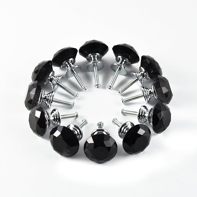 12pcs Diamond Shape Crystal Glass 30mm Drawer Knob Pull Handle Usd for Cabinet, Drawer (Black)