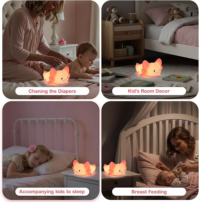 ZKLiLi Axolotl Kids Night Light,Squishy Cute Lamp Dimmable Childrens Night Light Gifts for Baby with Timer & 16 Colors,Rechargeable Bedroom Smart LED Bedside Lamps Toddler Night Light