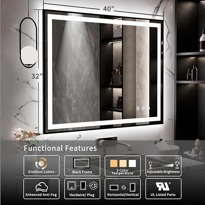 LED Mirror, 40x32 Inch Black Framed Gradient Front and Backlit Bathroom Mirror with Lights, 3 Colors Dimmable CRI>90, IP54 Enhanced Anti-Fog Wall Mounted LED Bathroom Mirror