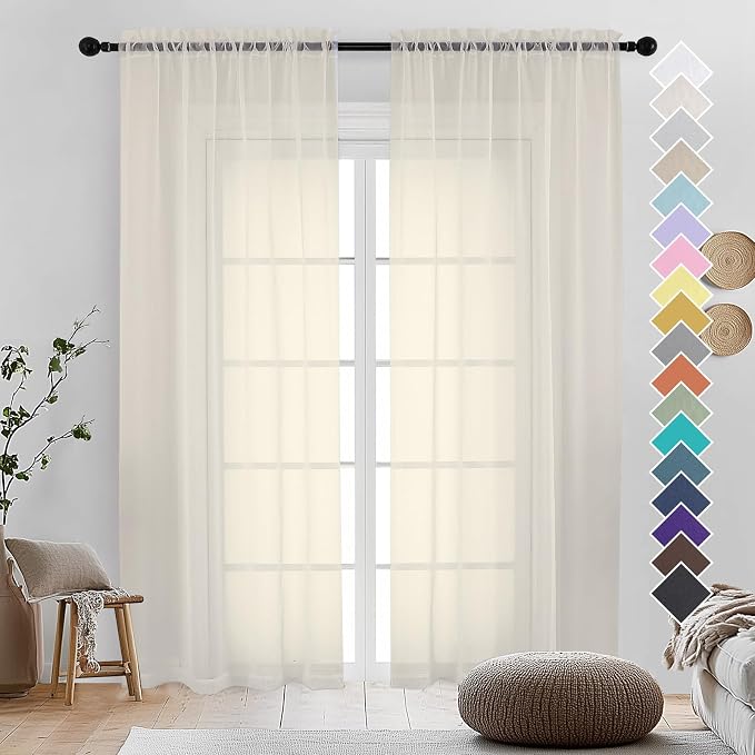 Cream Sheer Curtains 96 Inches Long 2 Panels by OVZME