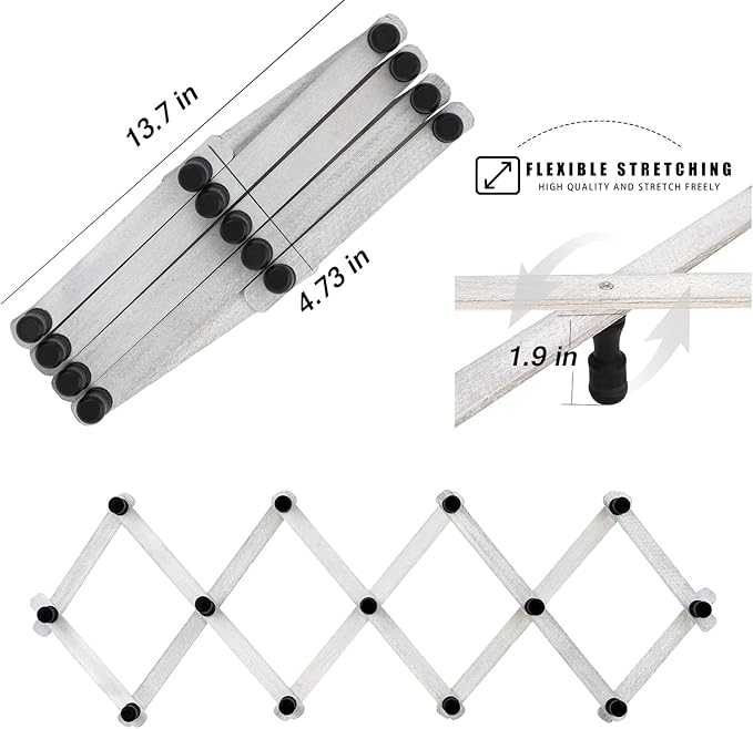 WGFKVAS 2 Pack Expandable Coat Rack, Accordion Wall Hanger, Wooden Hat Rack Wall Mounted, Accordion Hook for Mugs, Cap, Coats, 13 Hooks (Pegs), White
