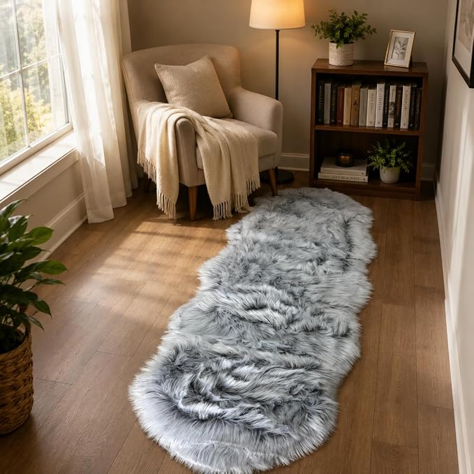 EasyJoy Faux Sheepskin Rug, 2 x 6 ft, Frosted Bottom Gray | Fluffy Faux Fur - Image 2