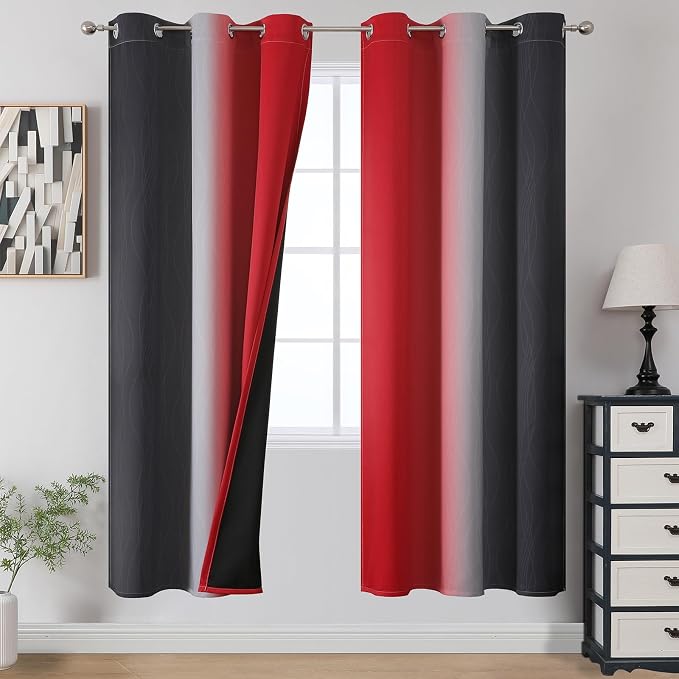Red and Black Ombre Blackout Bedroom Curtains 72 Inch Long | Room Darkening by ESTELARTEXTILER