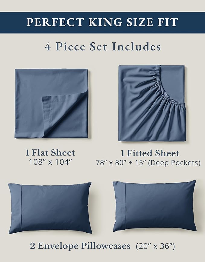 LANE LINEN 100% Organic Cotton Sheets for King Size Bed - Soft Percale Sheets, Breathable Luxury Hotel Style Machine Washable Fully Elasticized Mercerized 15" Deep Pocket King Sheet Set- Estate Blue