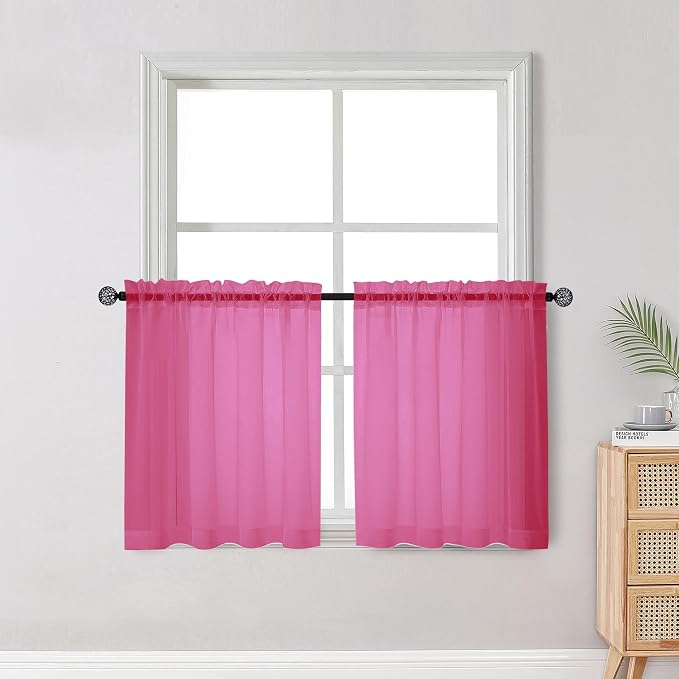 Short Hot Pink Sheer Curtains 30 Inch Length 2 Panels Set, Kitchen Curtains by OWENIE