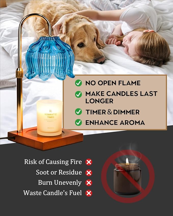 Blue Candle Warmer Lamp with Timer Dimmable, Adjustable Height Gifts for Women Mom Birthday Christmas, House Warming Gifts New Home Bedroom Decor, Lotus Flower Candle Lamp Warmer for Jar Candle