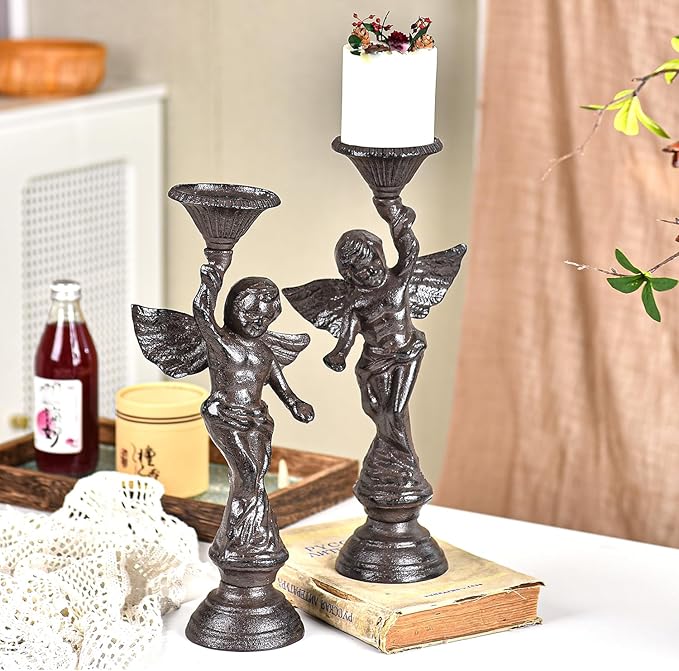 Sungmor Set of 2 Cast Iron Angel Candle Holders, 13.7" Tall Heavy-duty Solid Cherub Candlestick Holders, Vintage EU Style Statue Pillar Column Candle Stands for Wall Shelf Table Center Fireplace Decor