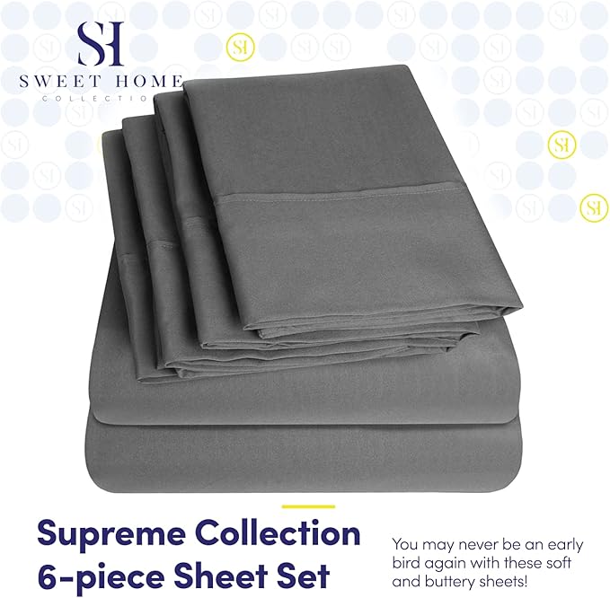 Bed Sheets Queen Size Grey - 6 Piece 1500 Supreme Collection Fine Brushed Microfiber Deep Pocket Queen Sheet Set Bedding - 2 EXTRA PILLOW CASES, GREAT VALUE - Queen, Gray