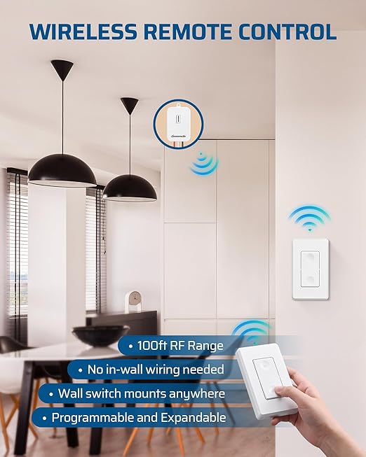 DEWENWILS Wireless Light Switch and Receiver Kit, 15A High Power, No Wiring, 100FT RF Range, 3 Way Remote Control Wall Switches for Lamps, Ceiling Lights, Fans, 2 Transmitter+1 Receiver