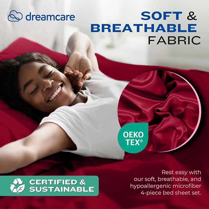 DREAMCARE California King Sheet Sets – 4 pcs Cooling Sheets – up to 21” Deep Cal King Sheets – Hotel Luxury Pillowcases – Superior Softness 100% Fine Microfiber with Side Pocket –Burgundy