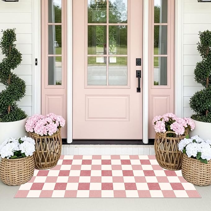 Front Door Mat Indoor Entrance, 2x4.3 Cute Pink White Checkered Rug | Non-Slip - Image 3