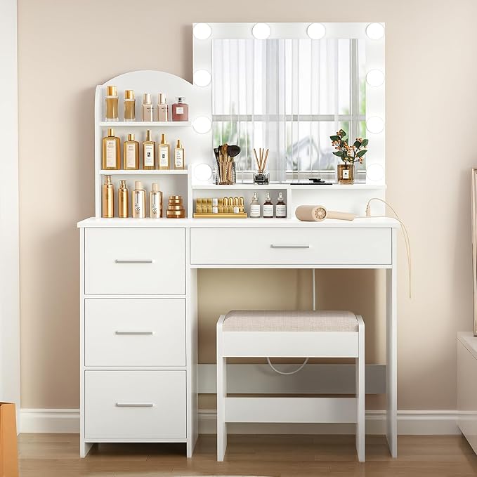 Quimoo Makeup Vanity with 10 Light Bulbs and Charging Station, Vanity Desk with Lighted Mirror & 4 Drawers, Vanity Table Set with Cushioned Stool,White