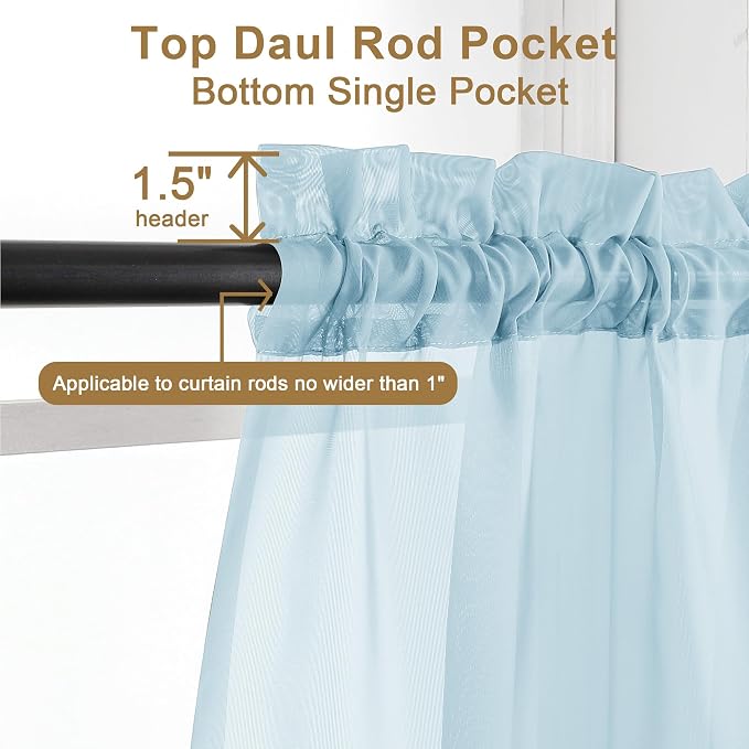 Chyhomenyc Sheer Curtains 63 Inch Length 2 Panels, Sky Blue | Light Filtering - Image 3