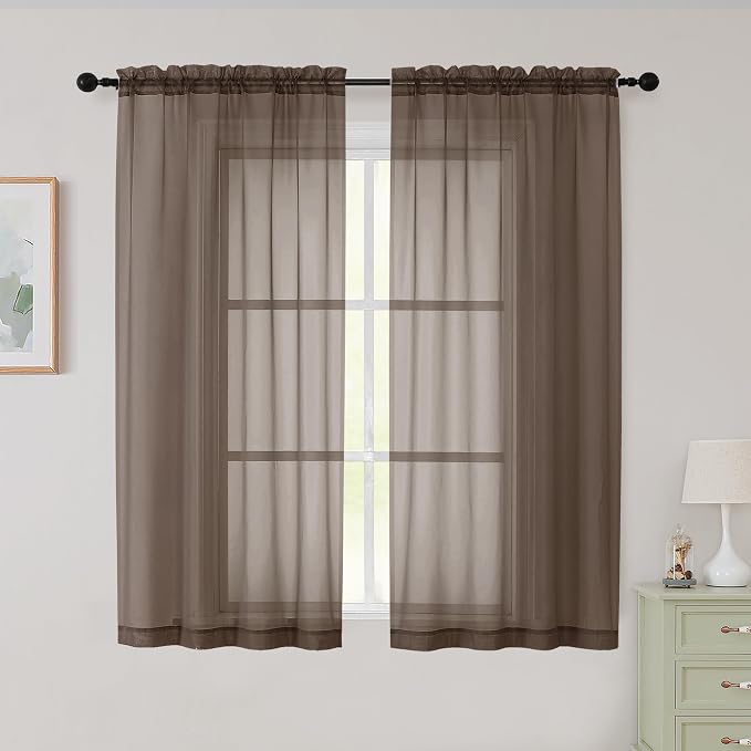 Sheer Chocolate Curtains for Bedroom Living Room 54 Inch Length 2 Panels Set by WelvetBLK