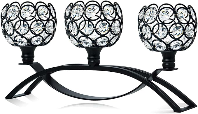 Crystal Tealight Candle Holder Centerpiece Home Decorative Candlestick Holder Elegant Table Centerpiece Home Decor Wedding Party Anniversary (Black, 3 Arm)