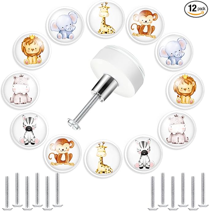 Fumete 12 Set Animal Silicone Drawer Knob, Round Cabinet Drawer Knobs Screws for Kids Dresser Nursery Closet Kitchen Cabinet