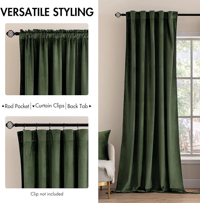 MIULEE Velvet Curtains 52x92 inches 2 Panels Olive Green Blackout Curtains | - Image 2