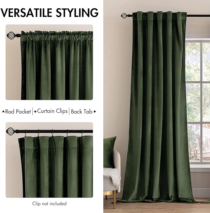 MIULEE Velvet Curtains 52x72 inches 2 Panels Olive Green Blackout Curtains | - Image 2