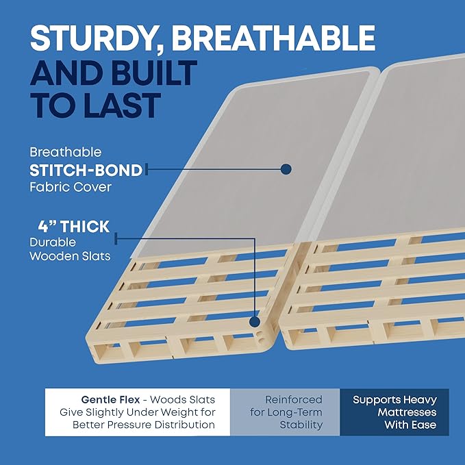 Nutan Inch Sturdy Box Spring for Mattress Support-Durable and Fully Assembled, Natural Wood Full, White, 4" Foundation