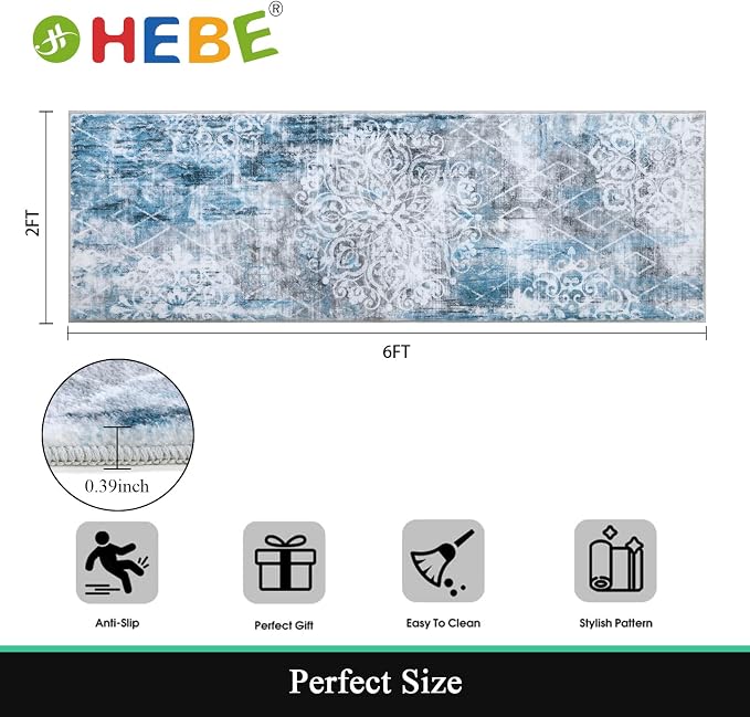 HEBE Hallway Runner Rug 2'x6', Washable Non Slip Kitchen Rug Runner | Soft Boho - Image 2