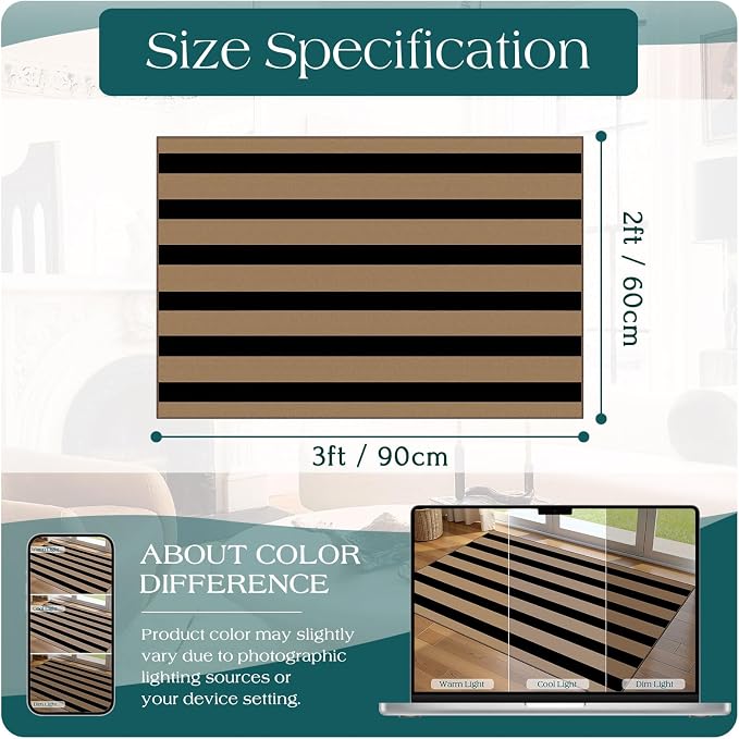 Front Door Mat Indoor Outside Entrance 2x3 Black Tan Striped Rug | Non-Slip - Image 2