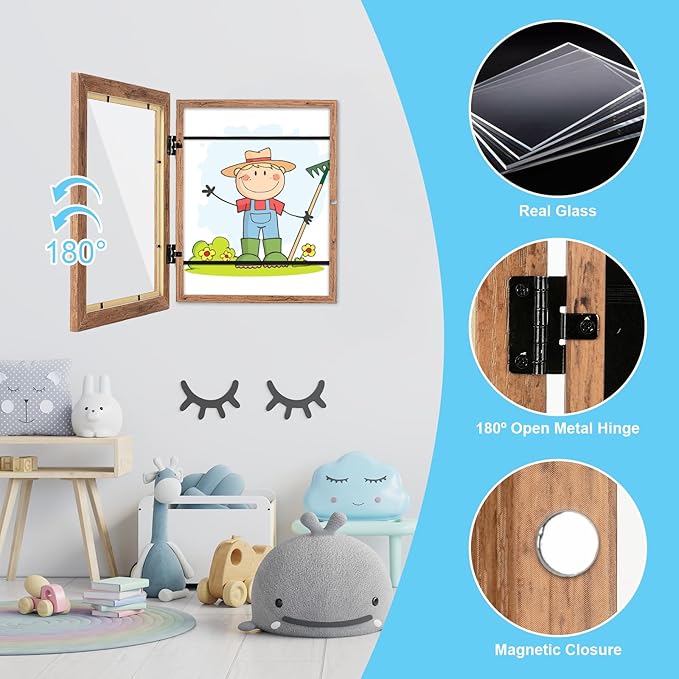 [3-Pack] Kids Art Frames, 8.5x11 Front Opening Kids Artwork Frames Changeable, Dark Woodgrain Artwork Display Storage Frame for Wall, Holds 50 Pcs, for 3D Picture, Crafts, Children Drawing, Hanging