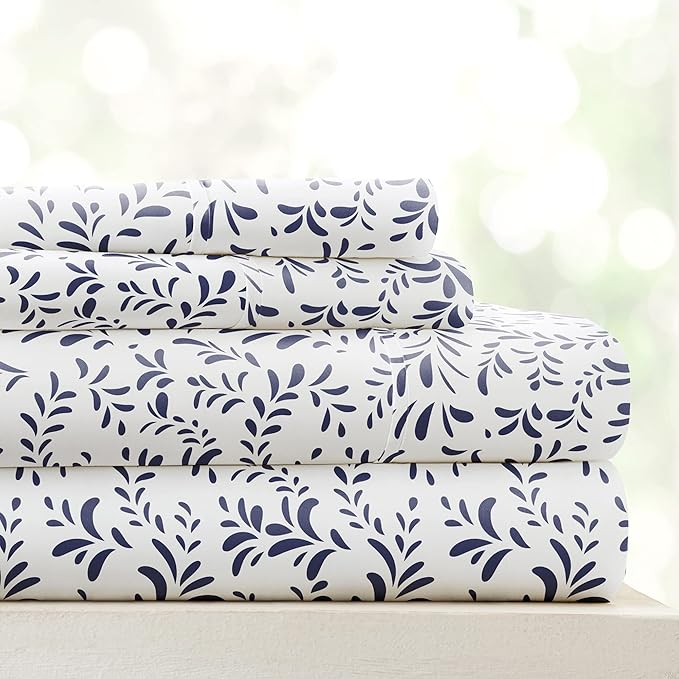 Linen Market Double-Brushed Patterned Microfiber California King Sheet Set 4 Piece – OEKO-TEX Certified Ultra Soft & Wrinkle-Free - 16" Deep Pocket Sheets Easy Care Cal-King Size - Burst of Vines Navy