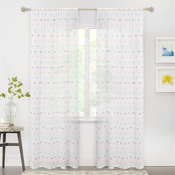 MYSKY HOME Pom Pom Sheer Curtains for Girls' Bedroom and Nursery - Rainbow 72 Inch Long Door Curtains with Rod Pocket - Semi-Transparent, Light Filtering - 52 x 72 Inch, 2 Panels