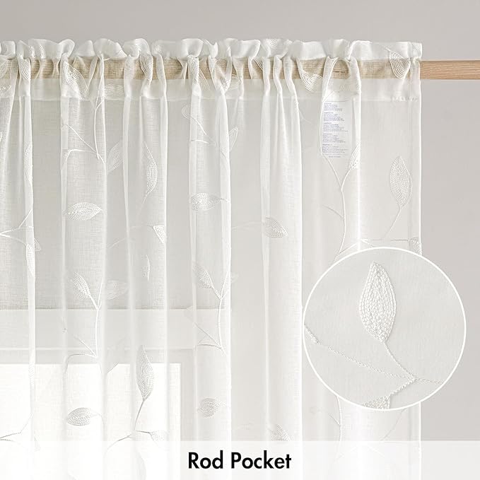 MIULEE Ivory Sheer Curtains 2 Panels Embroidered Leaf Patterned, W52 x L63 | - Image 6