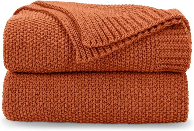 CozeCube Burnt Orange Seed Stitch Throw Blanket 50"x60", Farmhouse Decor | by CozeCube