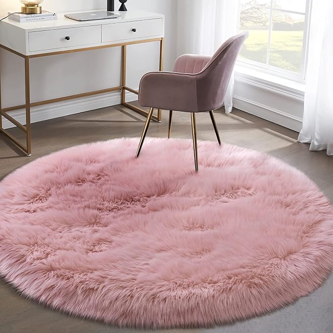Pink 5'X5' High Pile Shag Rug, Fluffy Round Rug - Image 6