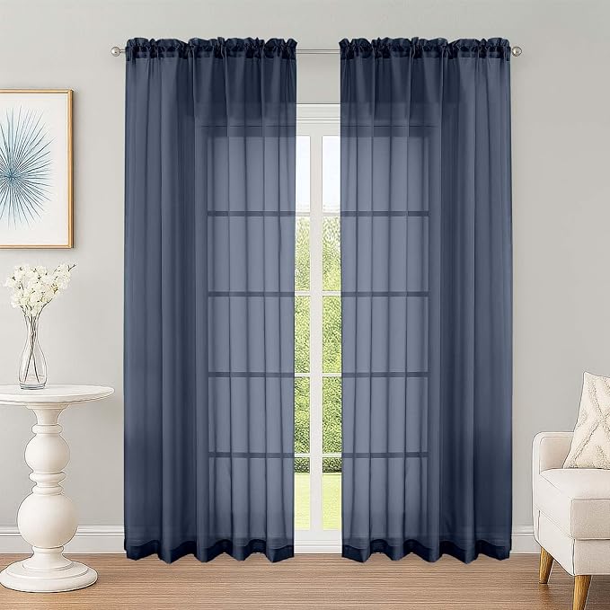 Sheer Curtains 84 Inches Long 2 Panels Set, Sheer Navy Blue Curtains by OWENIE