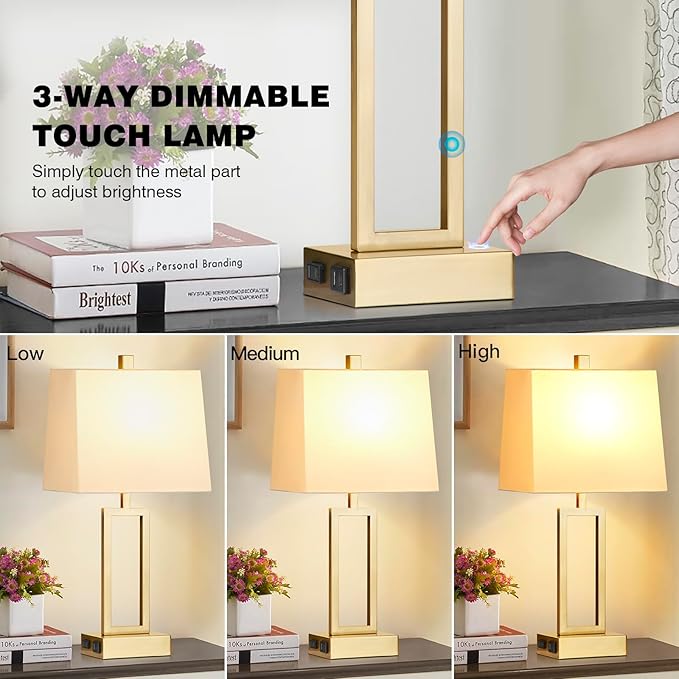Touch Control Table Lamps Set of 2, Modern Gold Bedside Lamps with USB A+C Ports & AC Outlet, 3 Way Dimmable Contemporary Nightstand Lamps for Bedroom Living Room(LED Bulb Included)