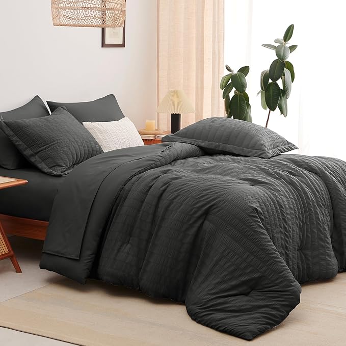 CozyLux Full Size Comforter Sets with Sheets Seersucker 7 Pieces Dark Grey Bed in a Bag Textured Luxury Soft Bedding Set with Down Alternative Comforter, Sheets, Pillowcases & Shams for All Seasons