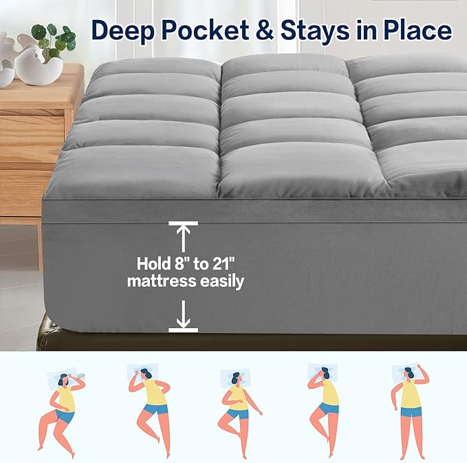 SOPAT Mattress Topper Twin XL Size Extra Thick Mattress Pad 8-21" Deep Pocket Soft Down Alternative Fill Mattress Protector Pillow Top Mattress Cover (39x80 Inches, Grey)