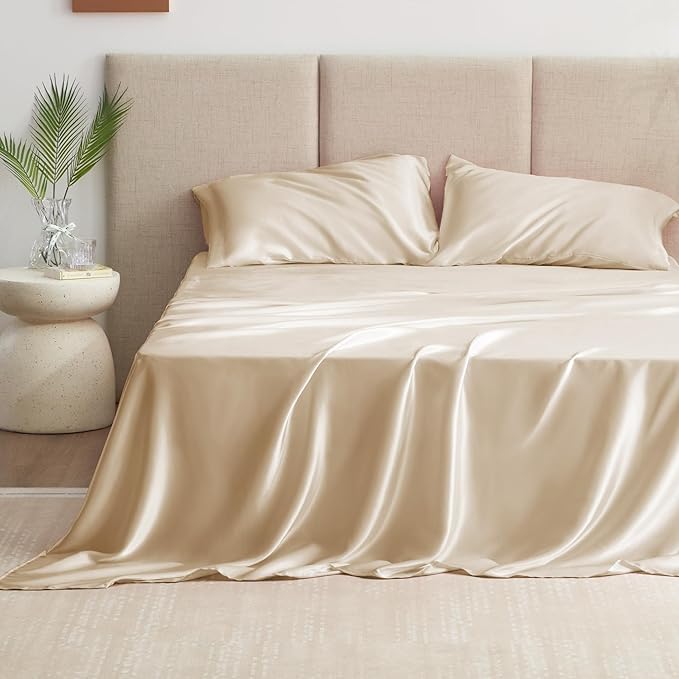 Love's cabin Satin King Sheet Sets - 4 Piece Beige Silky Sheets King Size Bed Set with Deep Pocket, Luxury Silk Feel King Size Satin Sheet Set (1 Flat Sheet,1 Fitted Sheet,2 Pillow Cases)