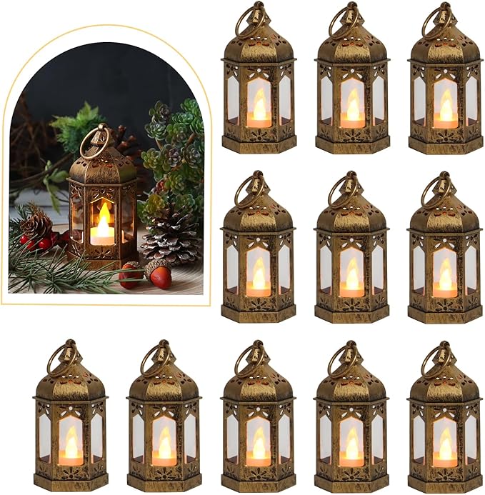 LLQ 8Pcs Mini Lantern with LED Tealight, Vintage Brown Lanterns Decorative, Hanging Candle Lanterns for Ramadan Christmas Wedding Table Centerpiece Indian Diwali Decor, Garden Fairy Party Decorations