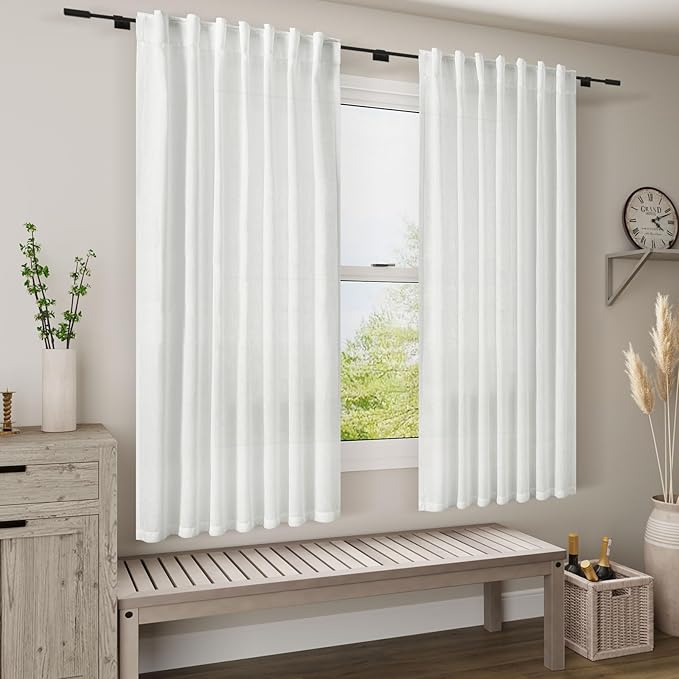 White Linen Curtains for Bedroom Back Tab Light Filtering Privacy Sheer - Image 7