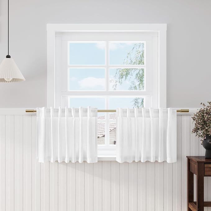 Linen Textured White Curtains Window Toppers Valances Semi Sheer Linen Curtains by Nanspring