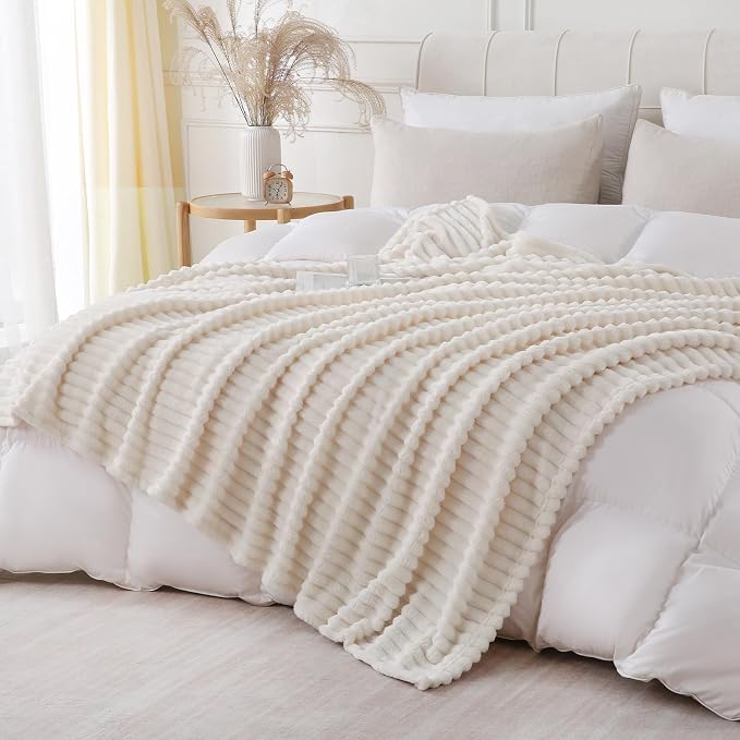 Cream White Throw Blanket for Couch Sofa 60x80 inches Striped Design | Fleece - Image 6