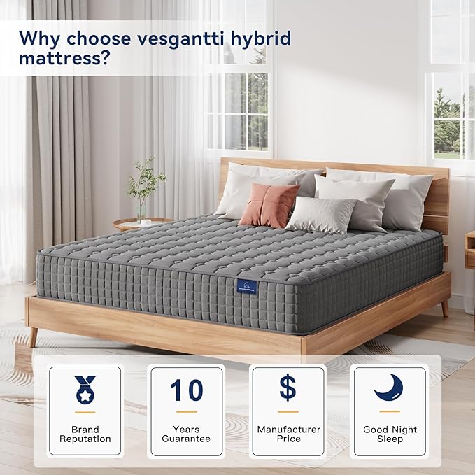 Vesgantti 8 Inch Multilayer Hybrid Twin Mattress - Multiple Sizes & Styles Available, Ergonomic Design with Memory Foam and Pocket Spring, Medium Firm Feel, Grey